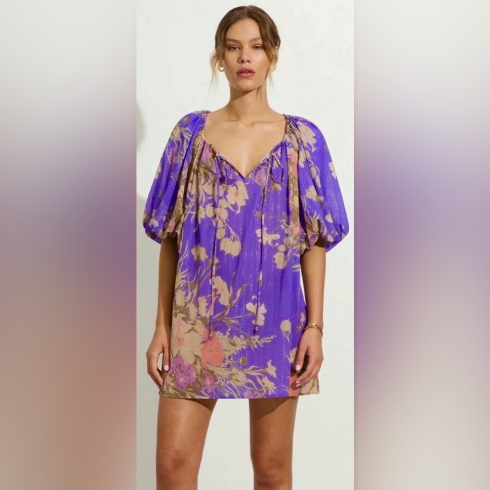 Auguste Celestia Cora Mini Baby Doll Dress Cotton Purple Floral Size M NWT